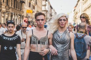 MILAN ITALY - JUNE 27: People at gay pride parade in Milan JUNE 27 2015. Thousands of people march in the city streets for the annual gay pride parade claiming equality and legal rights.