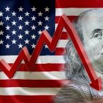 Flag of the United States of America with the face of Benjamin Franklin on US dollar 100 bill and a red arrow indicates the stock market enter recession period.