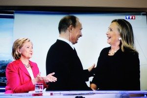 PARIS FRANCE - JULY 07 2014: First appearance of Hilary Clinton on national French television channel TF1 after meeting Vladimir Putin Russian President