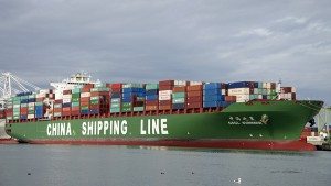 OAKLAND, CA - DECEMBER 08, 2014: China Shipping Lines (CSCL) Cargo Ship SUMMER docked at the Port of Oakland. CSCL, based in Shanghai, China, it is now the eighth largest container shipping company.